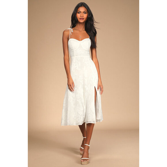 Lulus Loveliest Looks White Floral Jacquard Tie-strap Midi Dress - Size M - Picture 1 of 3
